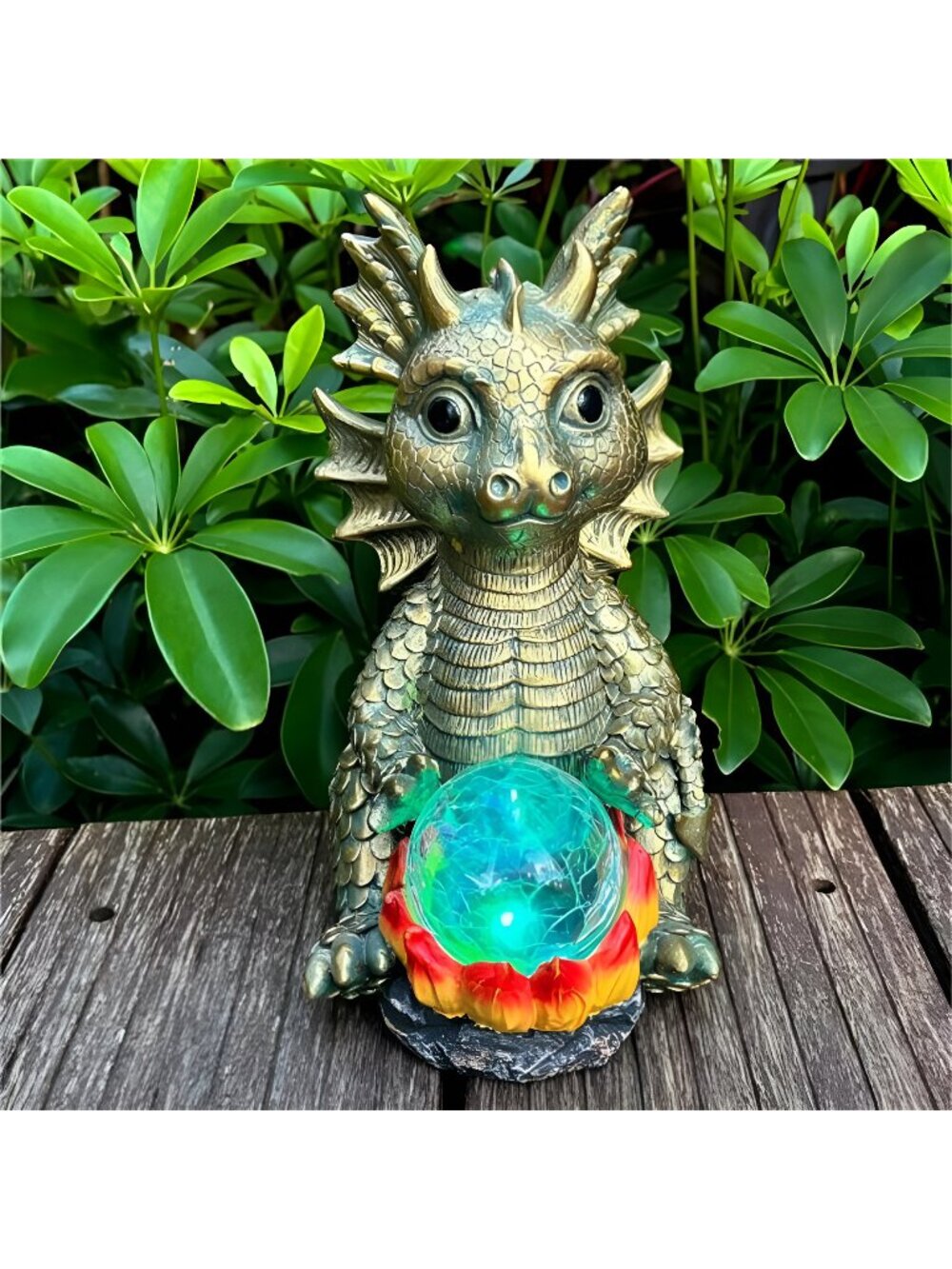 Solar Garden Statue Dragon Figurine with 7-Color Changing Solar Crackle Globe